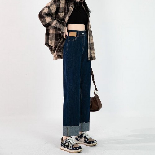 High Waist Roll Up Straight Leg Jeans